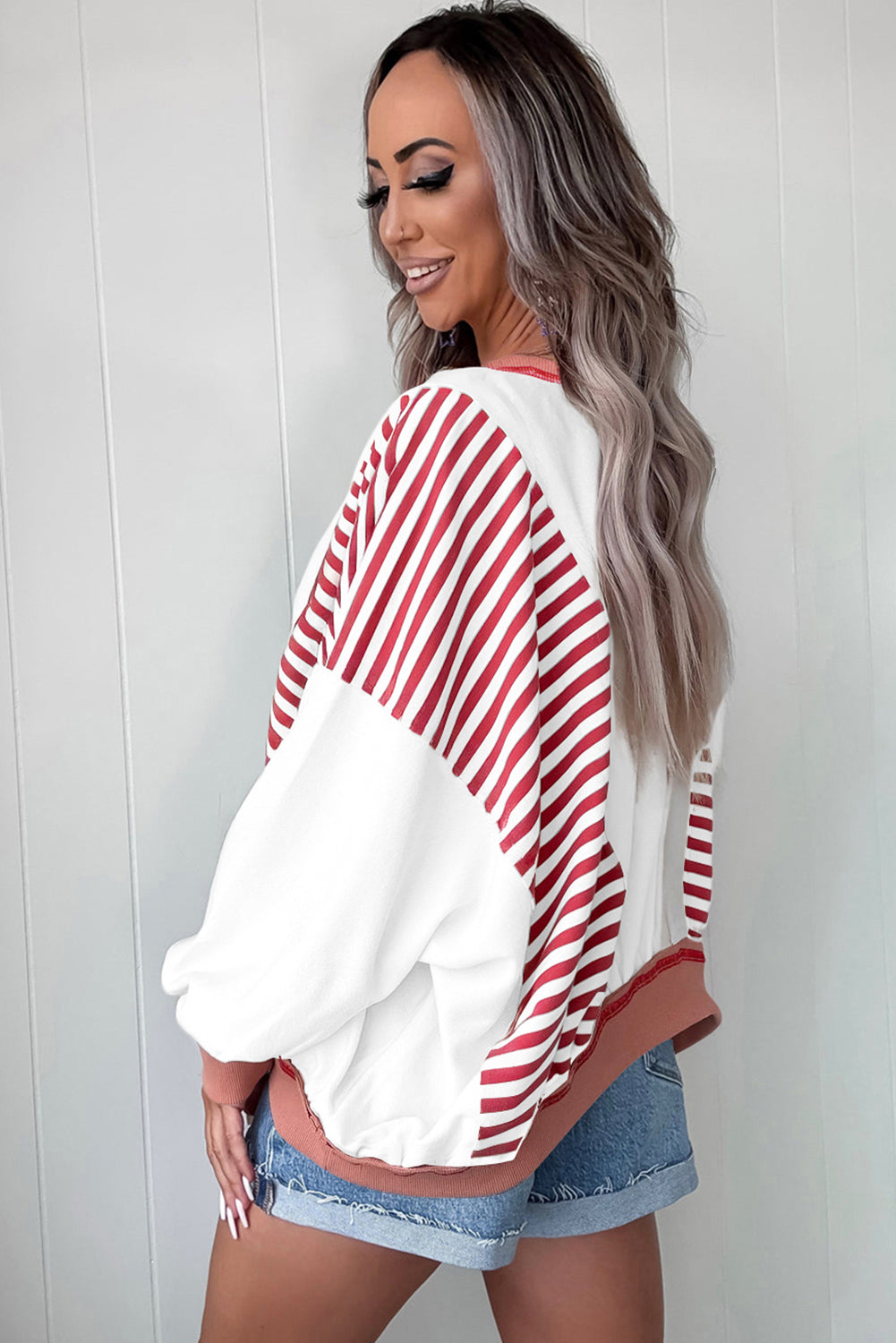 Red Stripe Patchwork Color Block Plus Size Sweatshirt Dear-Lover Dropshipping