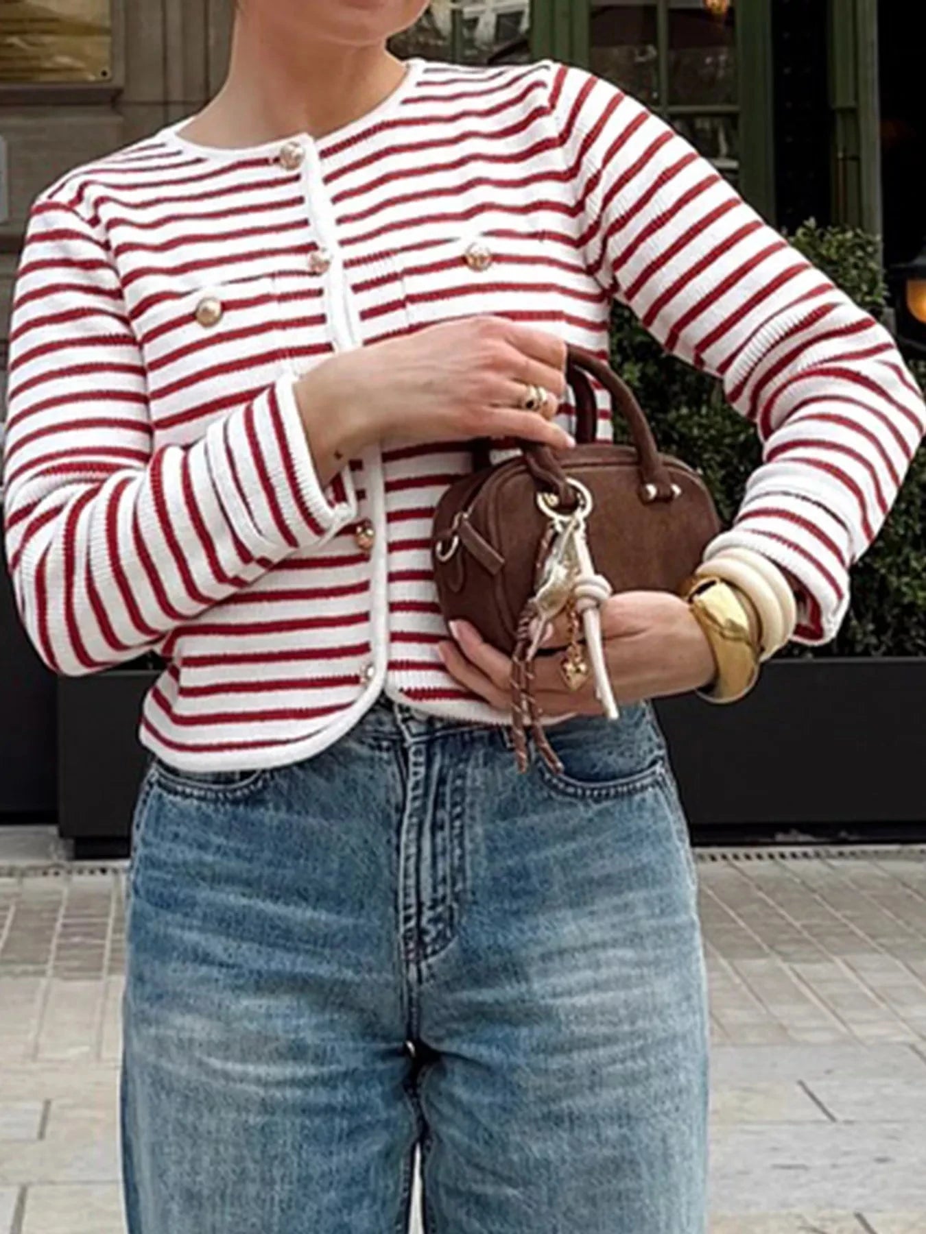 Striped Knit Button Up Cardigan With Slight Stretch Acrylic Simply Love