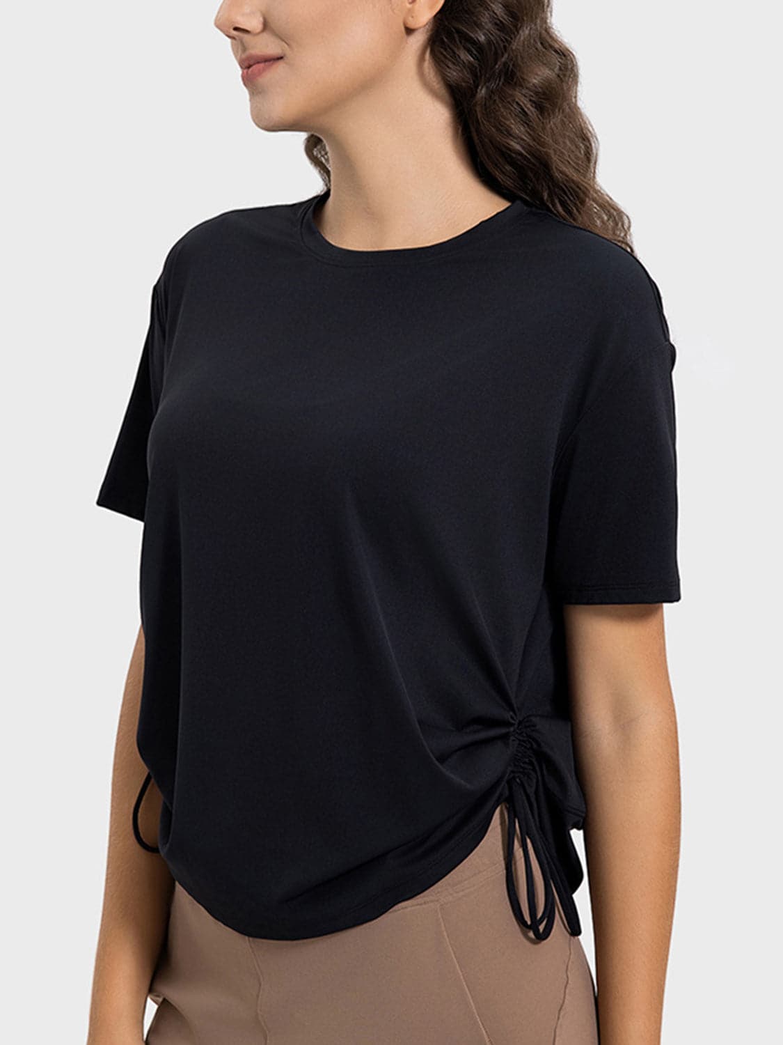 Drawstring Round Neck Short Sleeve Active T-Shirt.