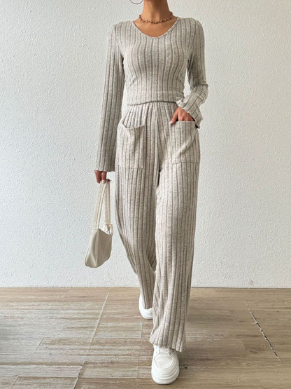 Chic ribbed V-neck long sleeve top and pocketed lounge pants set