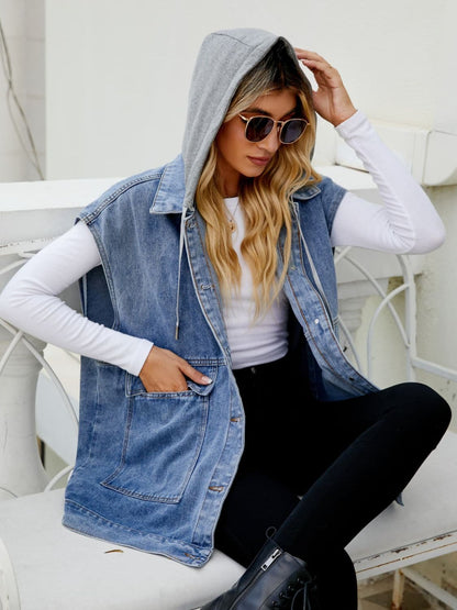 Hooded Sleeveless Denim Top with Pockets.