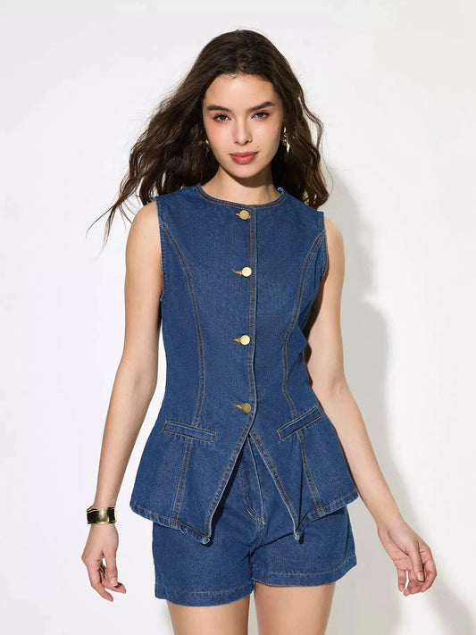 Button Up Sleeveless Denim Top and Shorts Set Simply Love