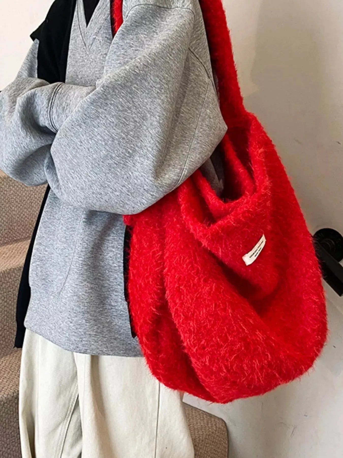Red Plush Fuzzy Crossbody Bag Medium Size With Soft Cozy Texture Simply Love