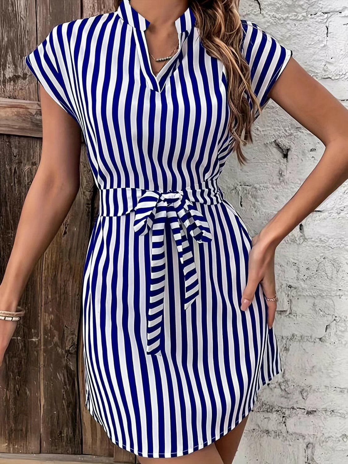 Tied Striped Cap Sleeve Mini Dress.