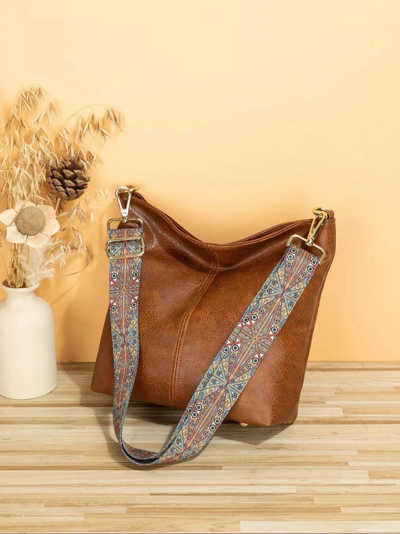 PU Leather Crossbody Bag with Patterned Strap Simply Love