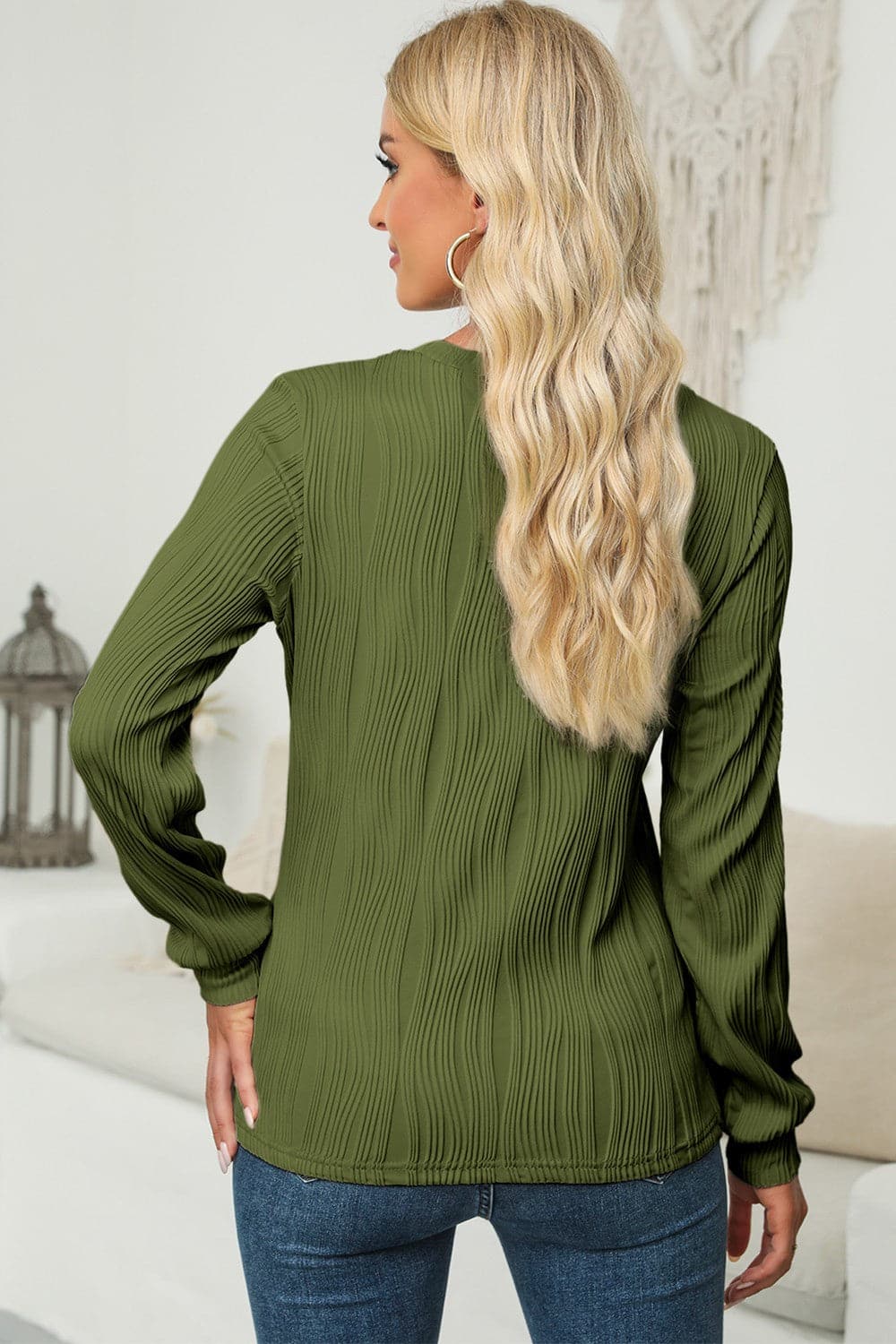 Textured Round Neck Long Sleeve Blouse.