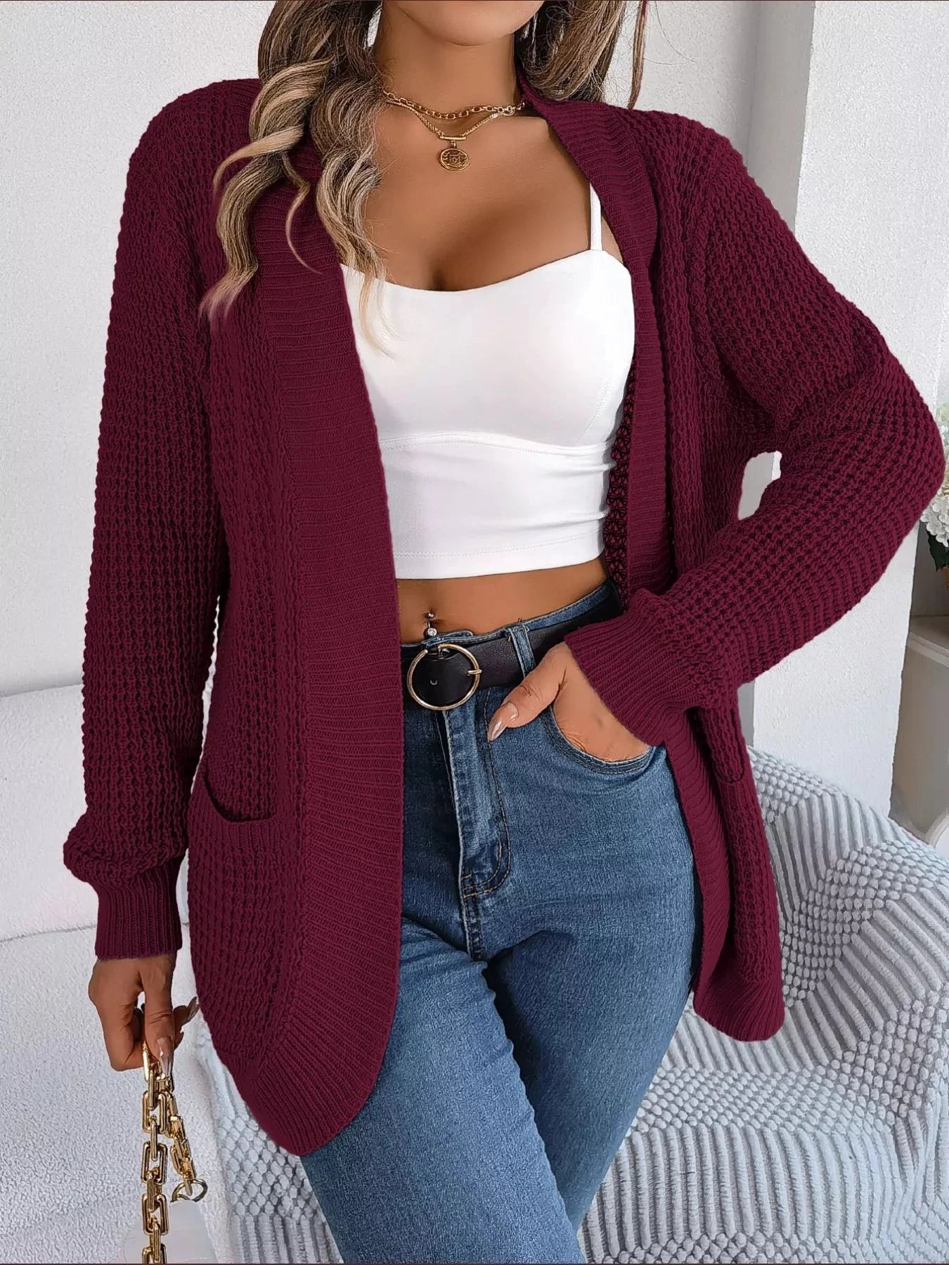 Chunky Knit Open Front Cardigan with Pockets Coco’s Tee Boutique