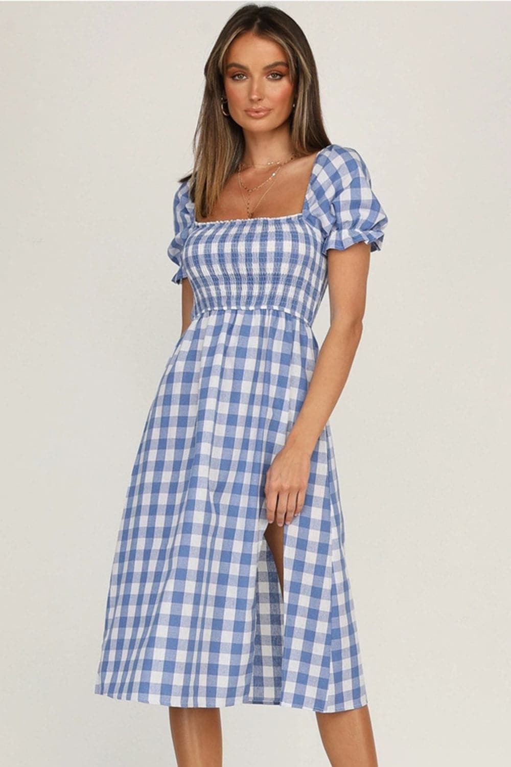 Full Size Slit Plaid Short Sleeve Midi Dress.