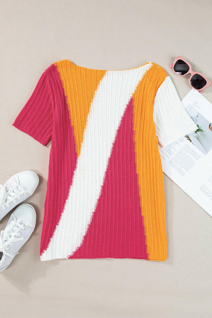 Color Block Round Neck Short Sleeve Knit Top.