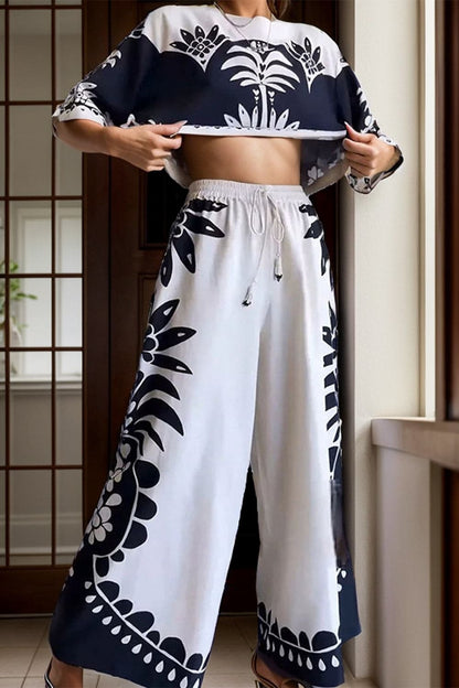 Printed Half Sleeve Top and Wide Leg Pants Set.