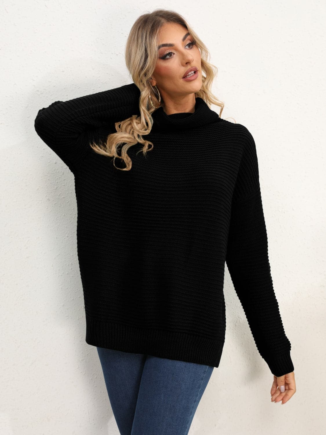 Slit Turtleneck Dropped Shoulder Sweater.