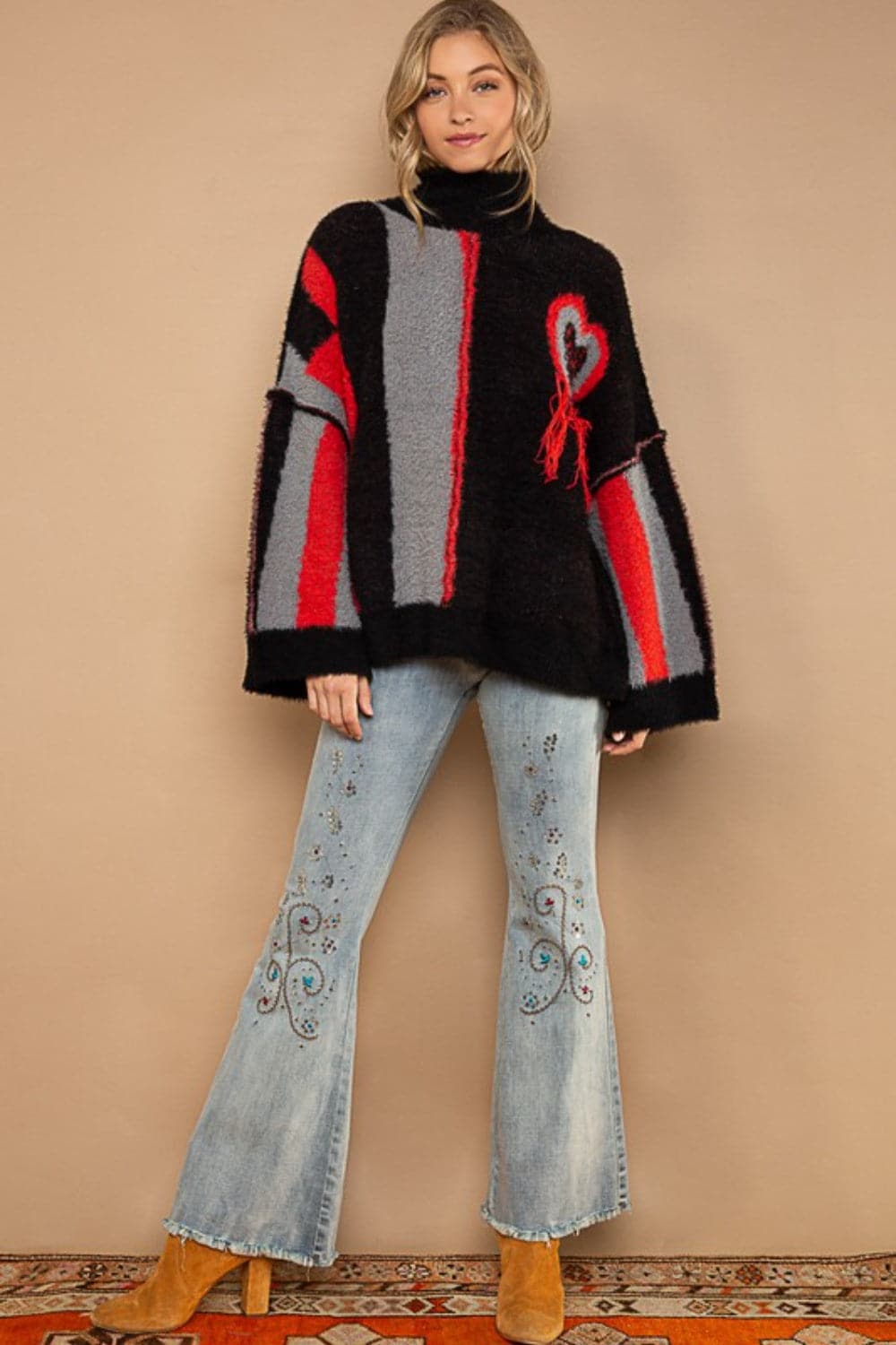 POL Turtleneck Color Block Fringe Detail Sweater.