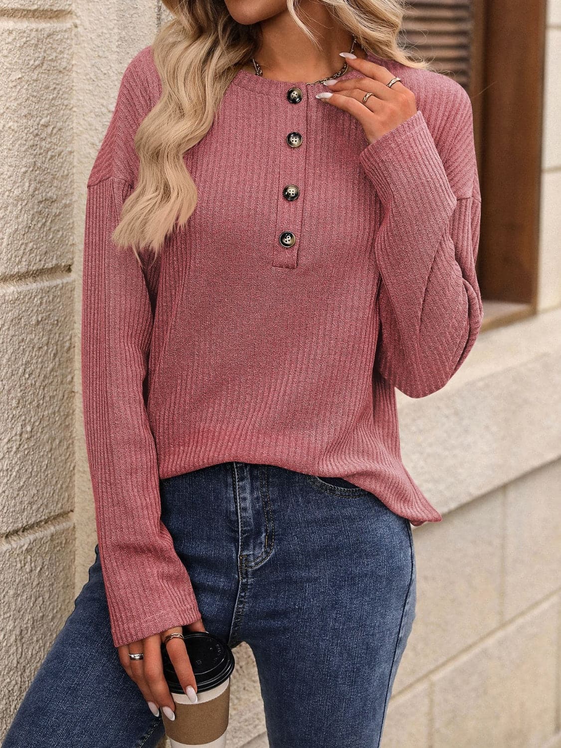 Half Button Long Sleeve T-Shirt.