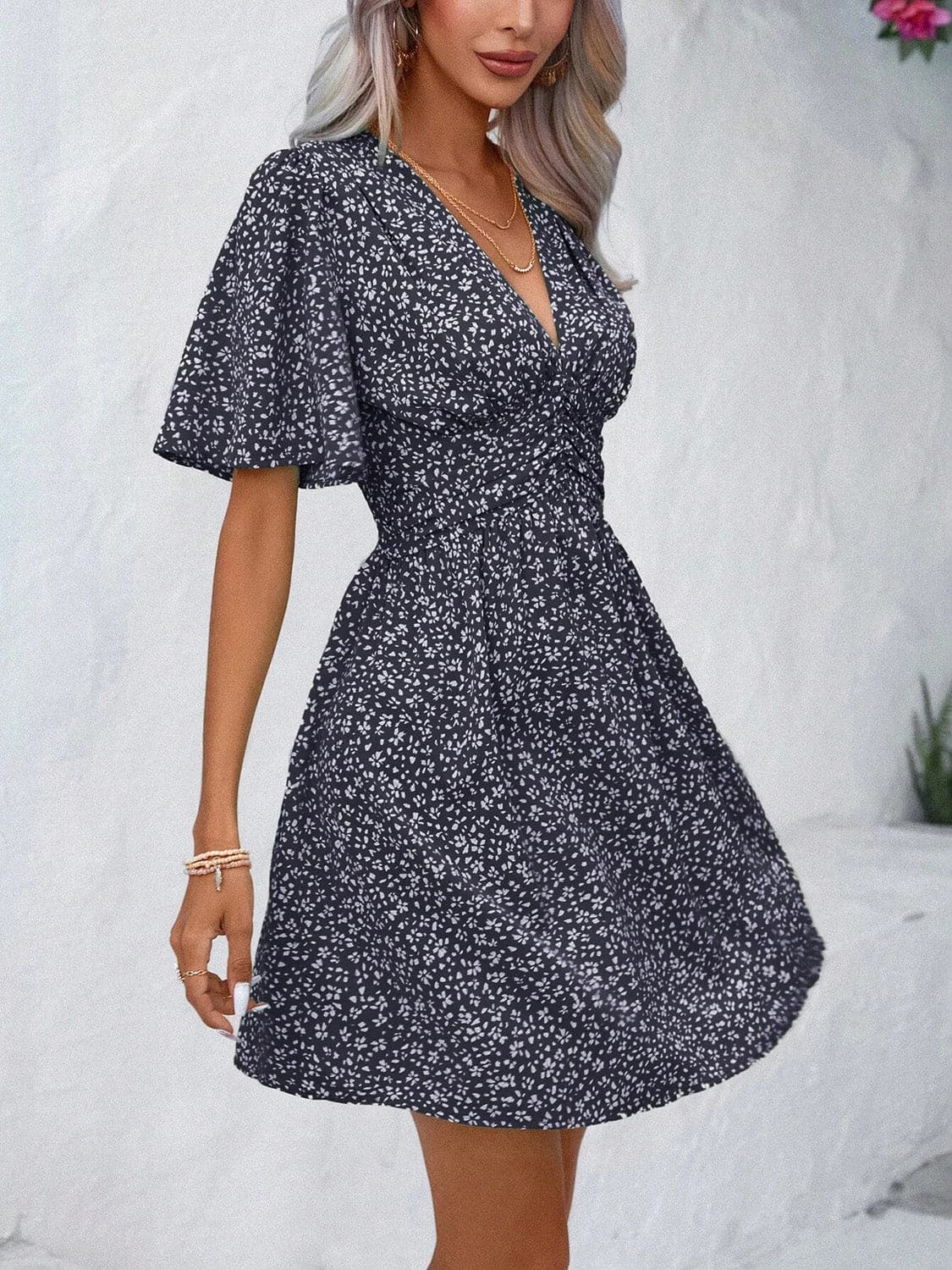 Printed V-Neck Half Sleeve Mini Dress.