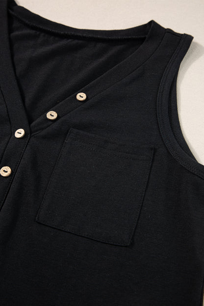 Chic black v-neck tank top with half buttons and patched pocket