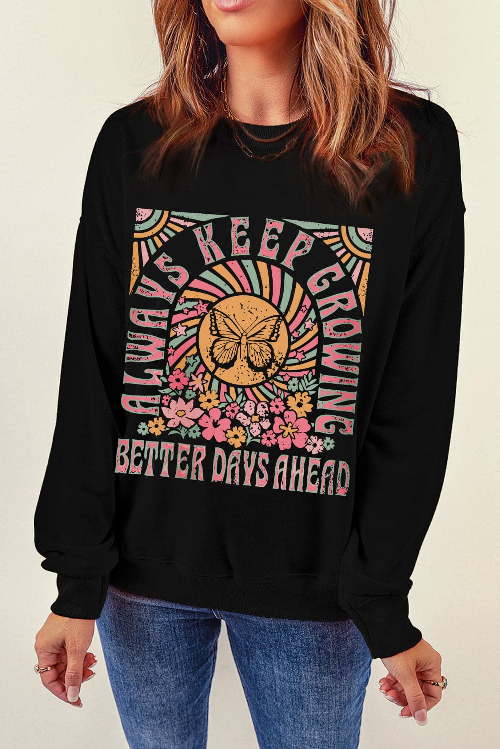 Graphic Round Neck Long Sleeve Sweatshirt.