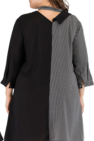 Plus Size Striped Color Block Tie-Neck Dress.