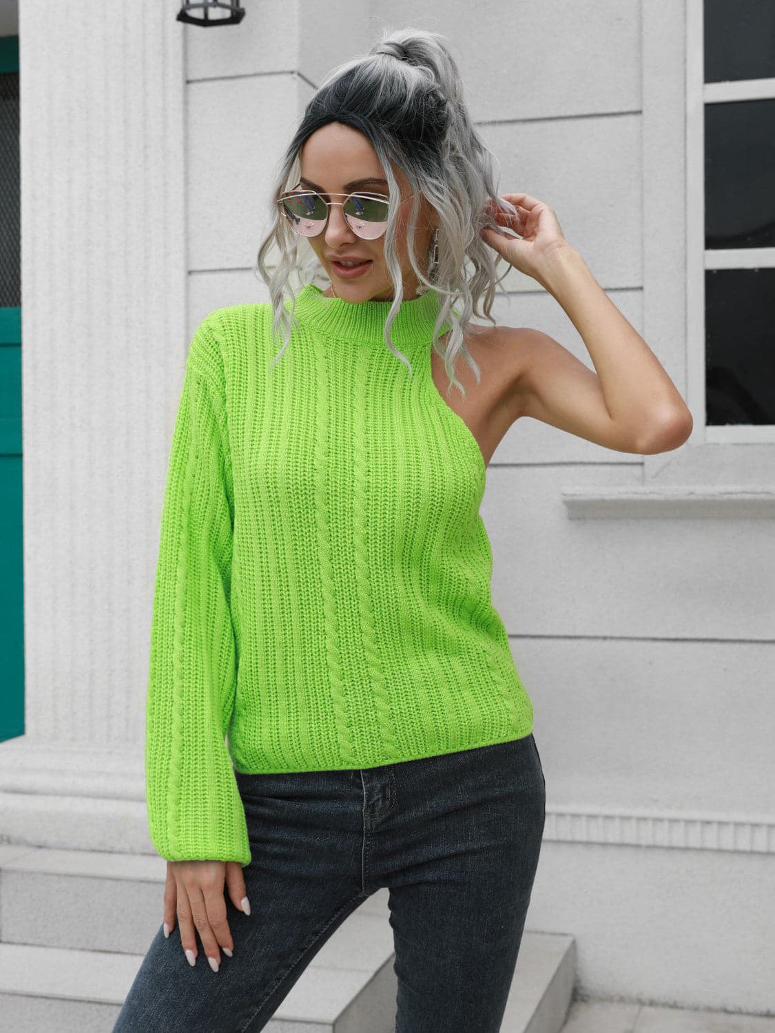 Cable-Knit Round Neck Asymmetrical Sweater.