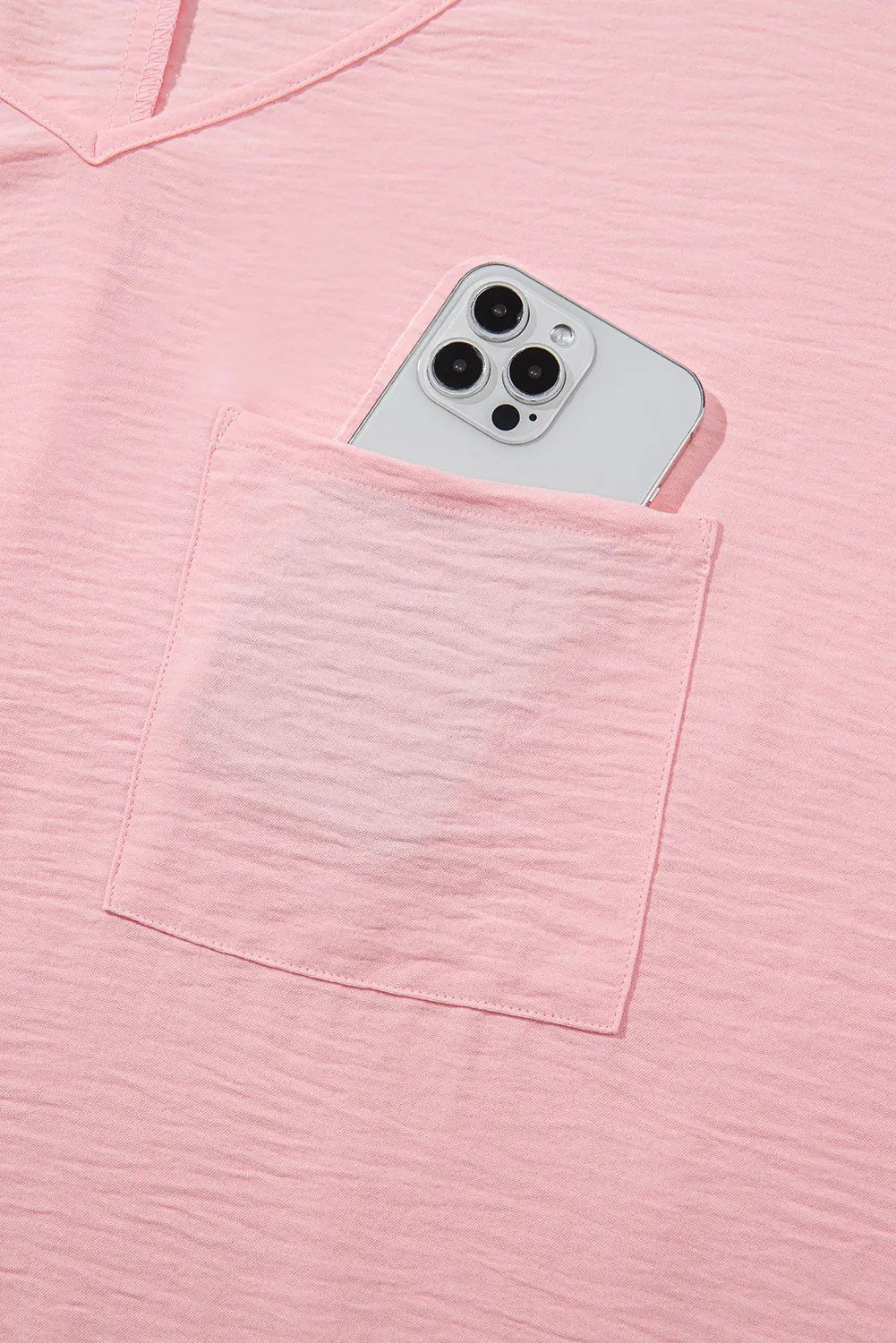 Pink Textured Half Sleeve V Neck Plus Size T Shirt with Chest Pocket - Love Salve 