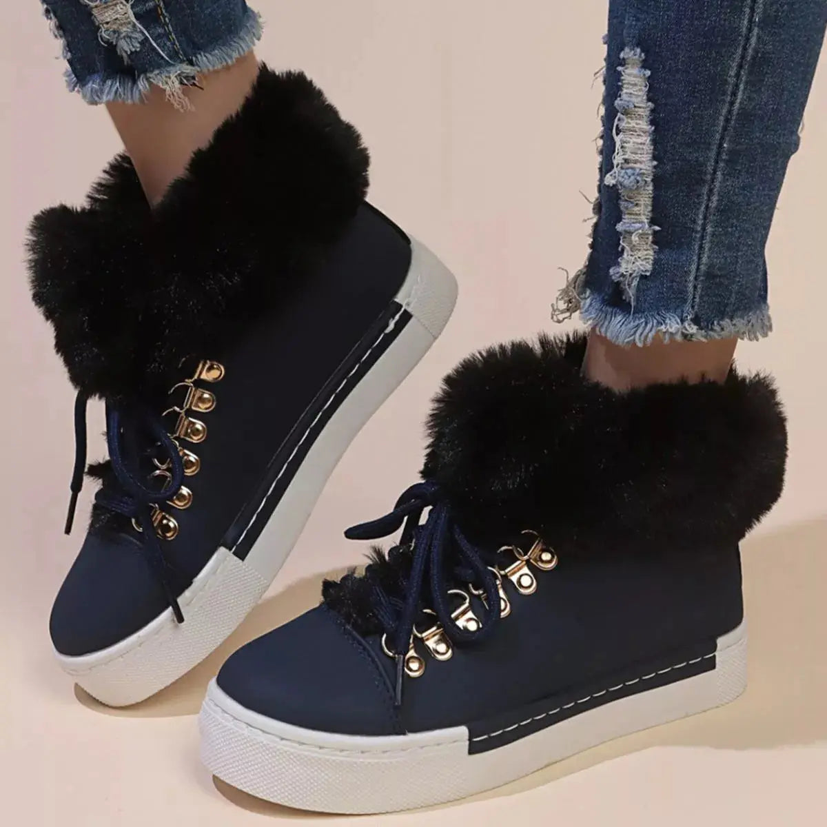 Fuzzy Trim Lace-Up Ankle Boots Simply Love