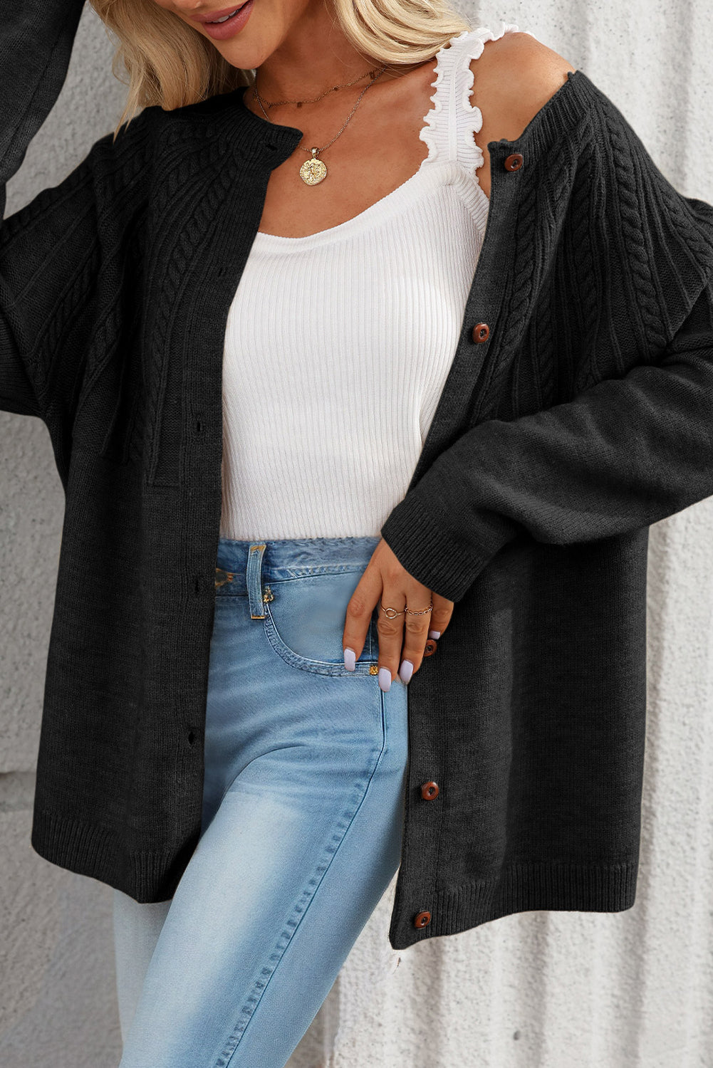 Black Solid Color Textured Detail Button Down Long Sleeve Sweater Cardigan Dear-Lover Dropshipping