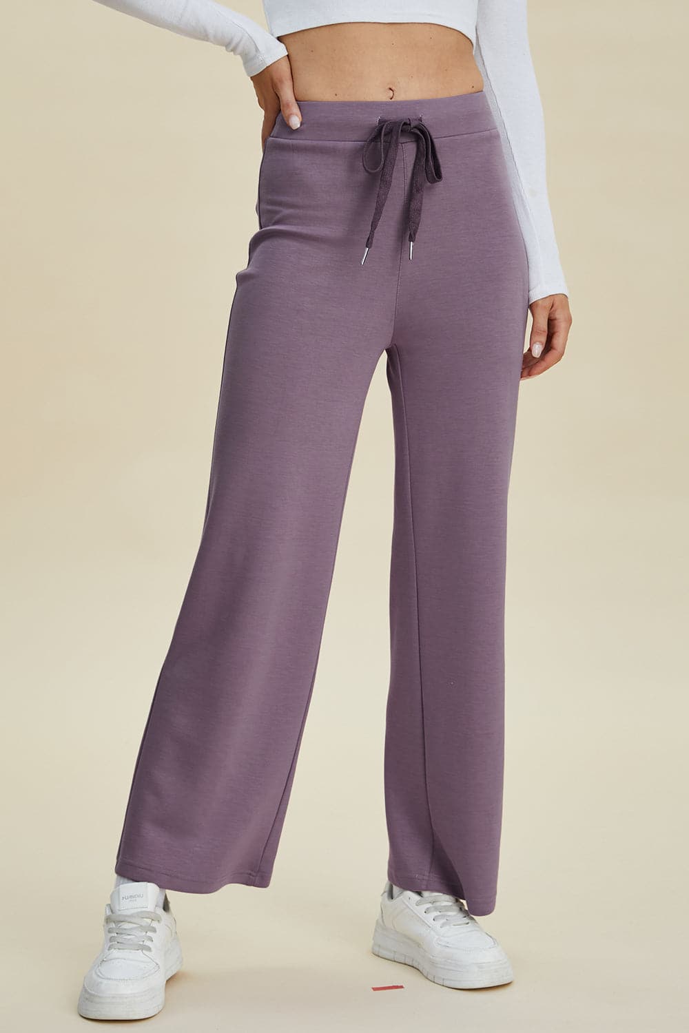 Basic Bae full size air scuba drawstring wide leg pants in purple.