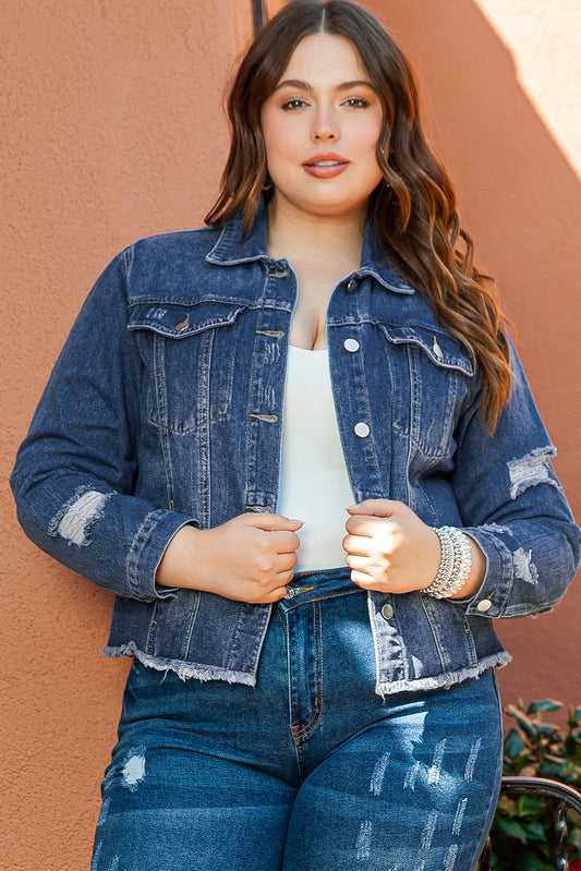 Chic dark blue plus size distressed denim jacket with flap pockets