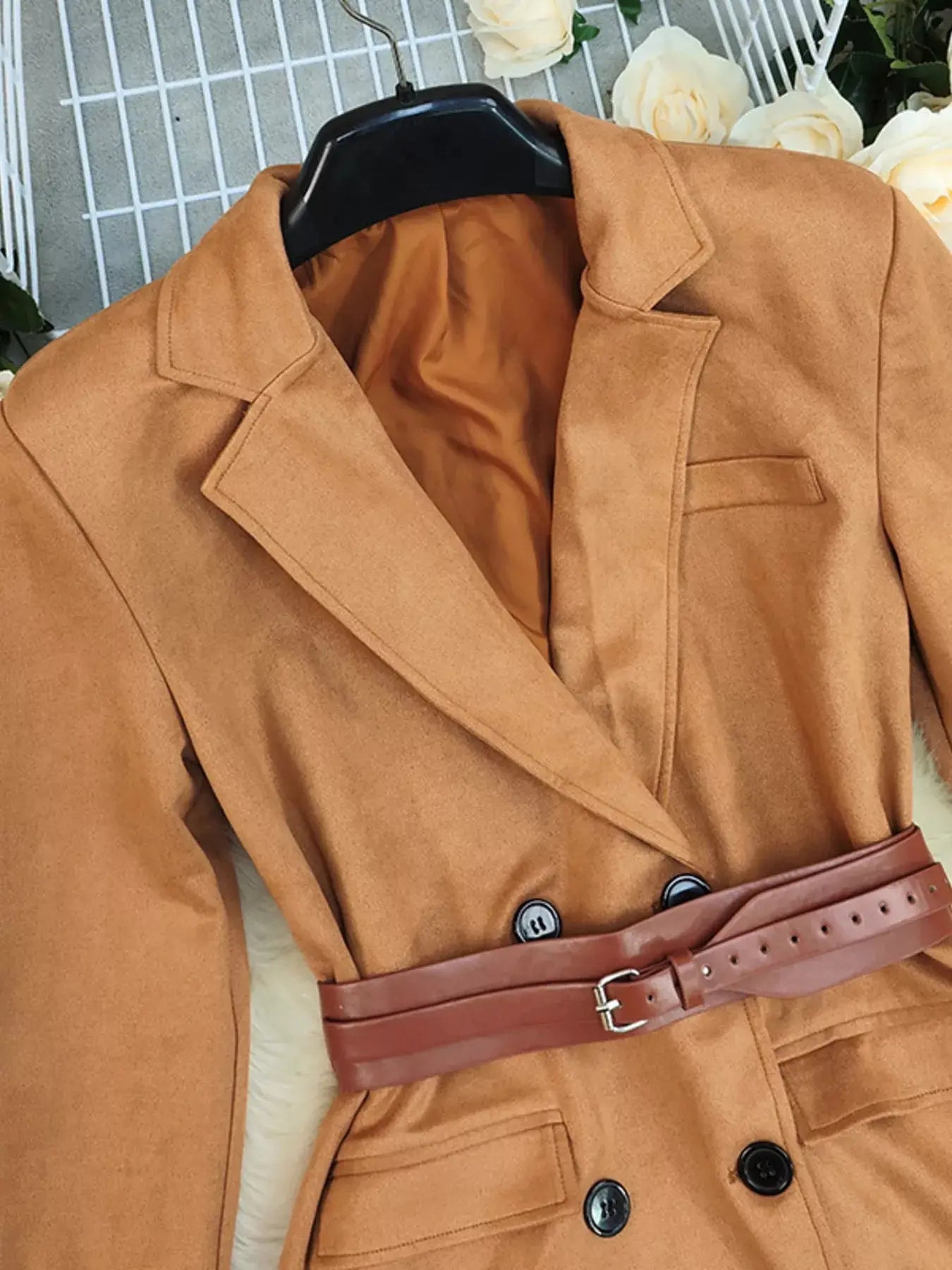 Women's Belted Double Breasted Blazer With Lapel Collar Camel Simply Love
