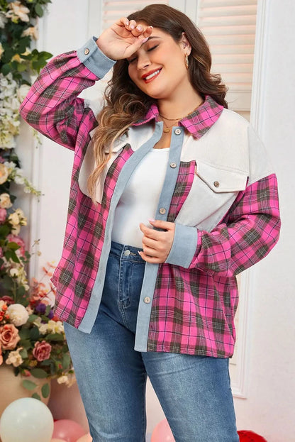 Curvy Chic Plaid Button-Up Long Sleeve Shirt with Collared Neck