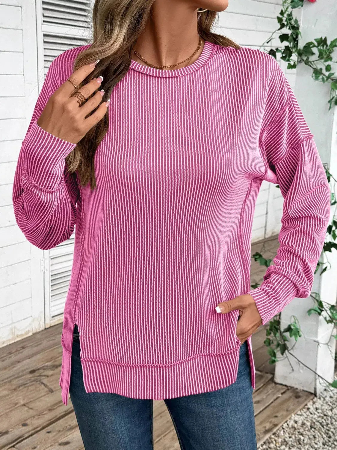 Side Slit Round Neck Sweatshirt Simply Love