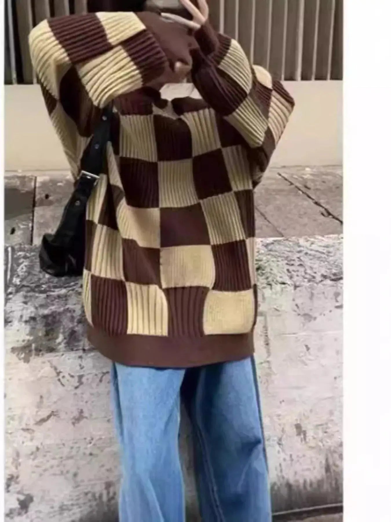 Checkerboard Pattern Oversized Sweater Simply Love