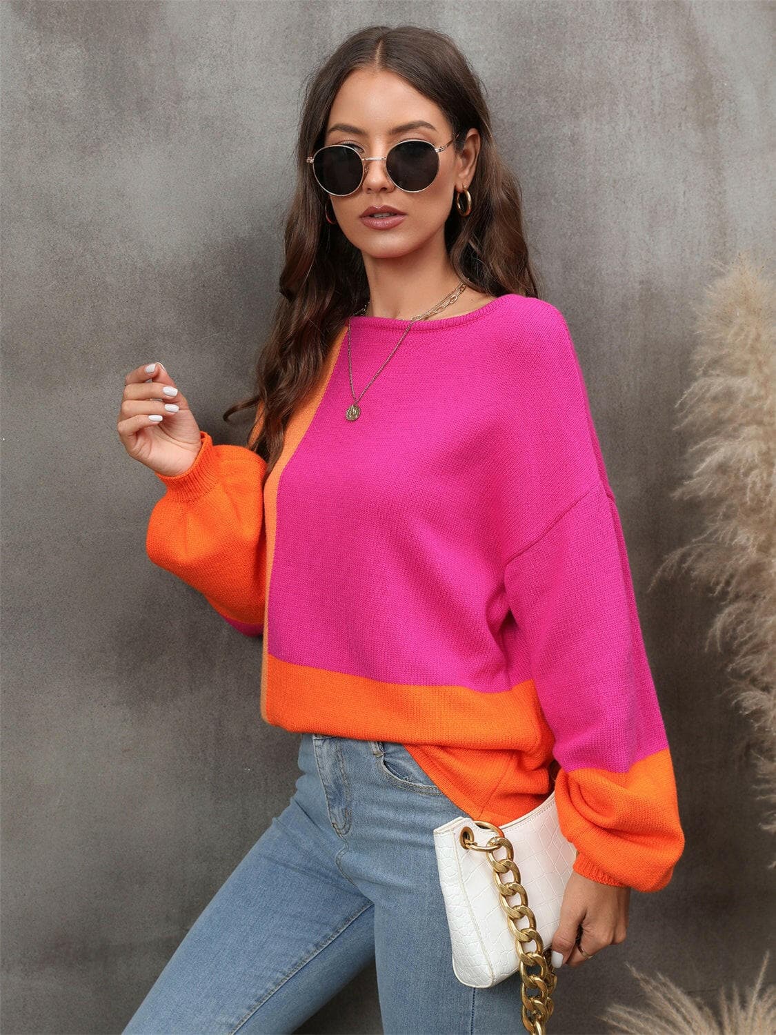 Color Block Round Neck Sweater.