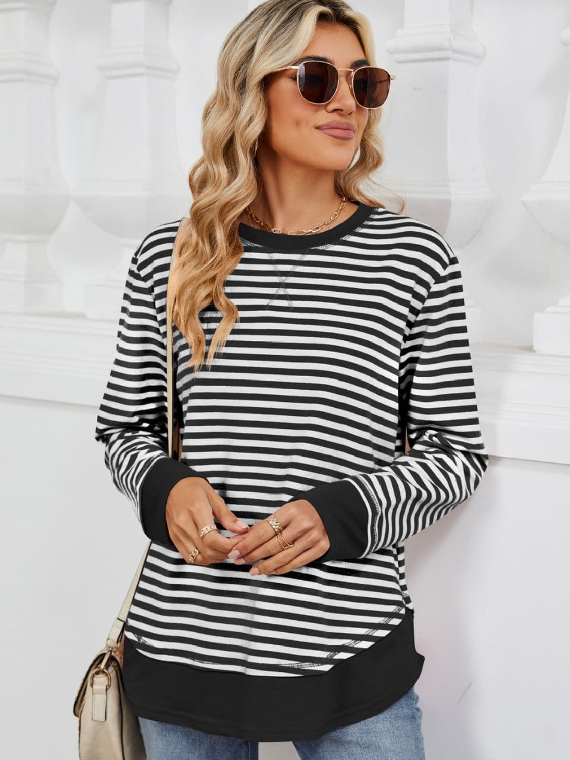 Striped Round Neck Long Sleeve Sweatshirt.