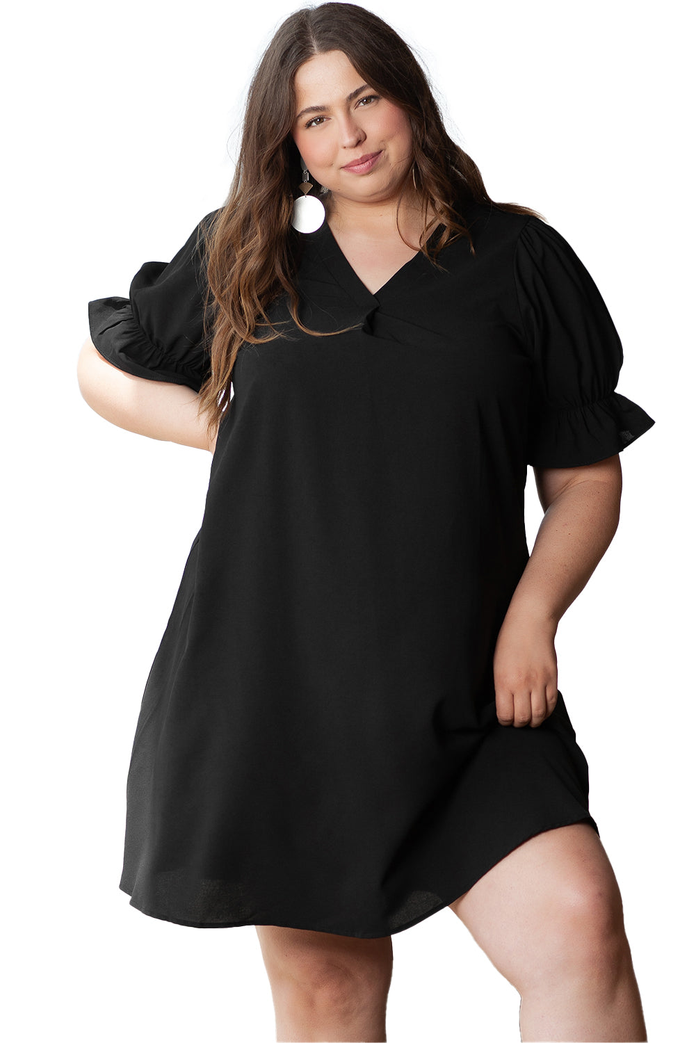 Elegant black ruffled mini dress with puff sleeves for plus sizes