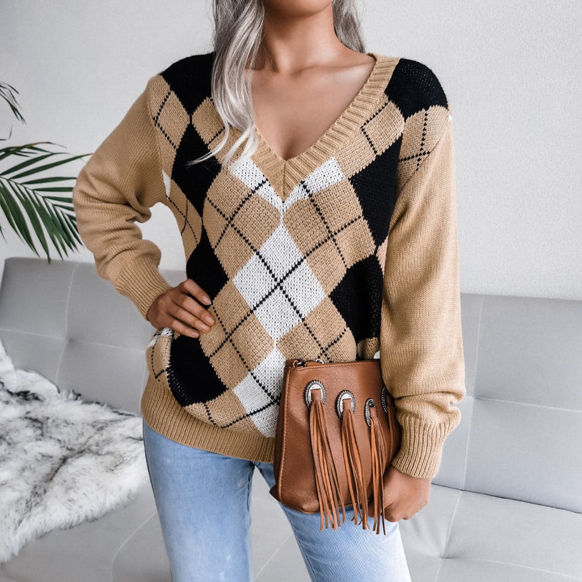 Geometric V-Neck Sweater.