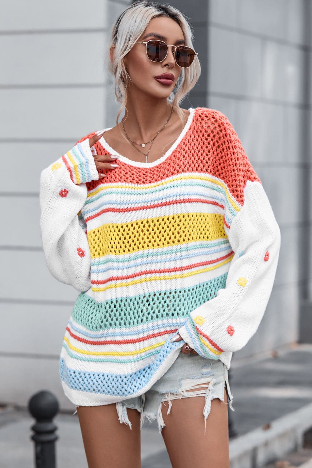 Openwork Striped Round Neck Long Sleeve Sweater.