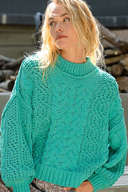 Cozy mock neck chenille cable knit sweater