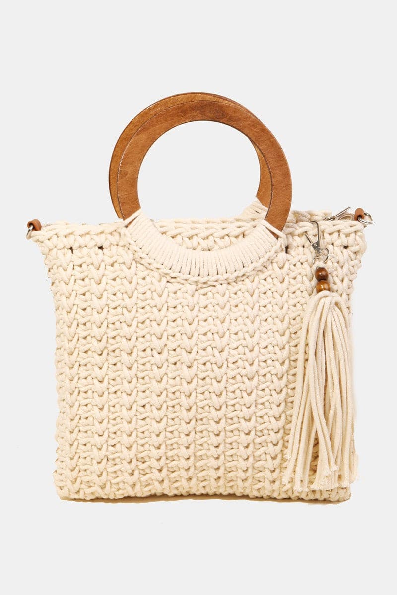 Fame Crochet Knit Convertible Tote Bag with Tassel.