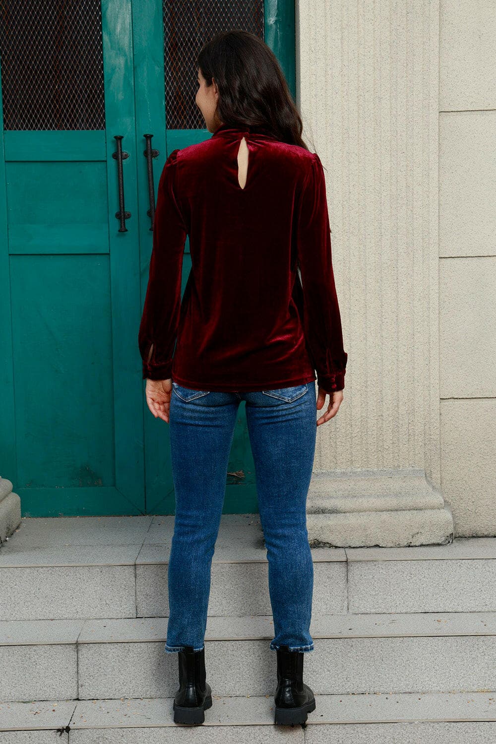 Cutout Puff Sleeve Velvet Blouse.