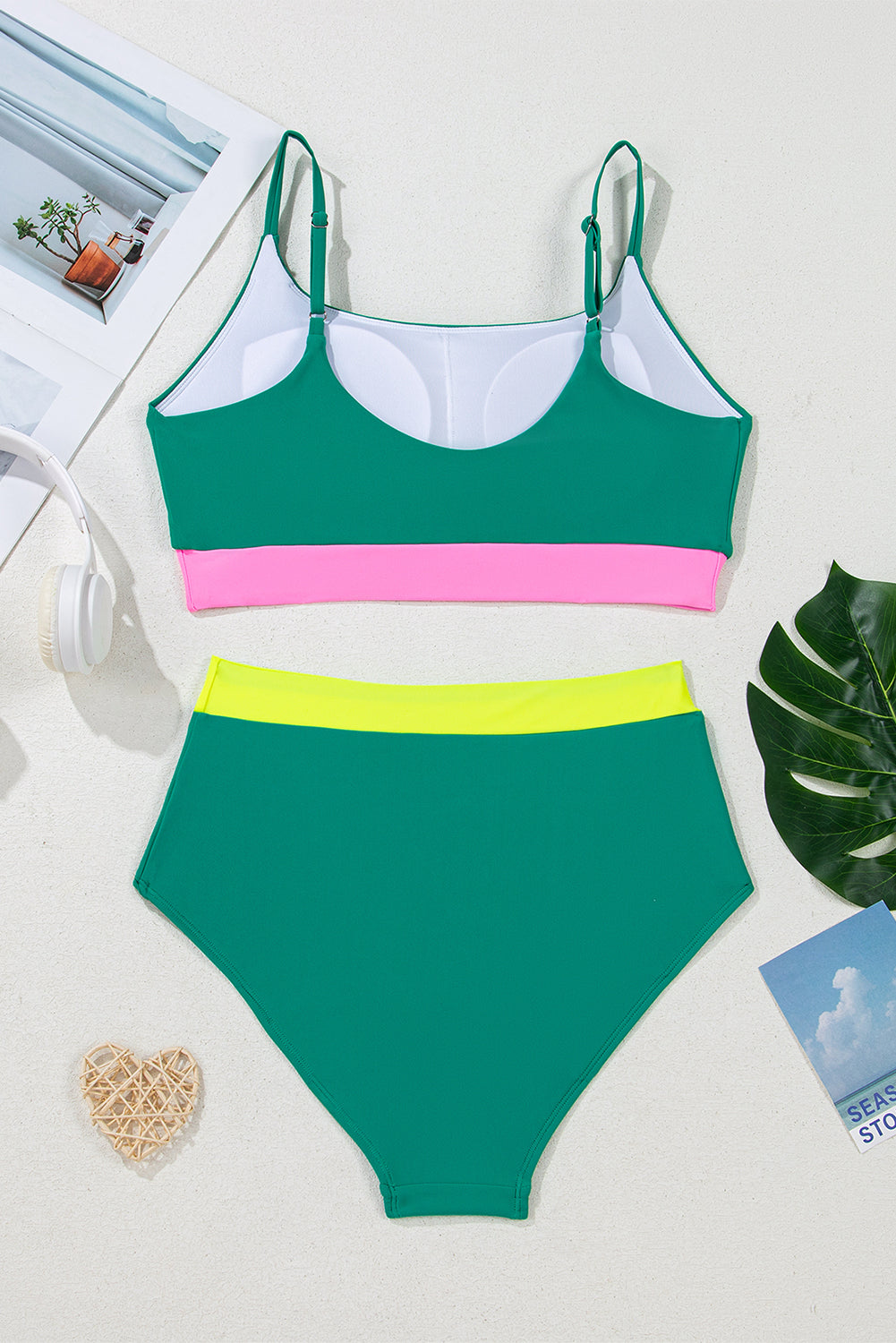 Sea Green Colorblock High-Waisted Bikini with Contrast Trim