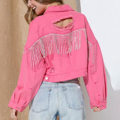 Cropped Collared Neck Dropped Shoulder Denim Jacket.