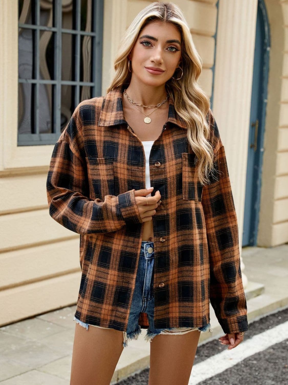 Plaid Collared Neck Long Sleeve Shirt.