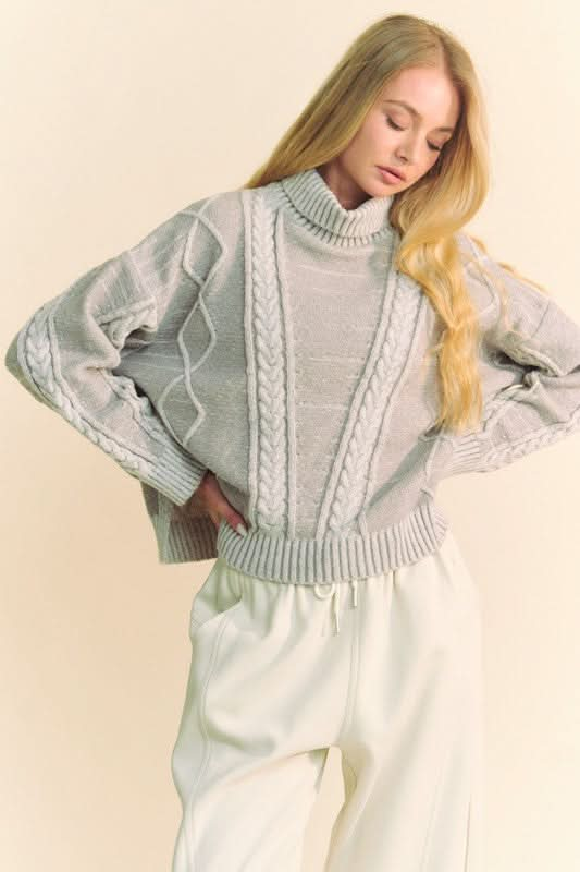 Davi & Dani Cable-Knit Turtleneck Dropped Shoulder Sweater