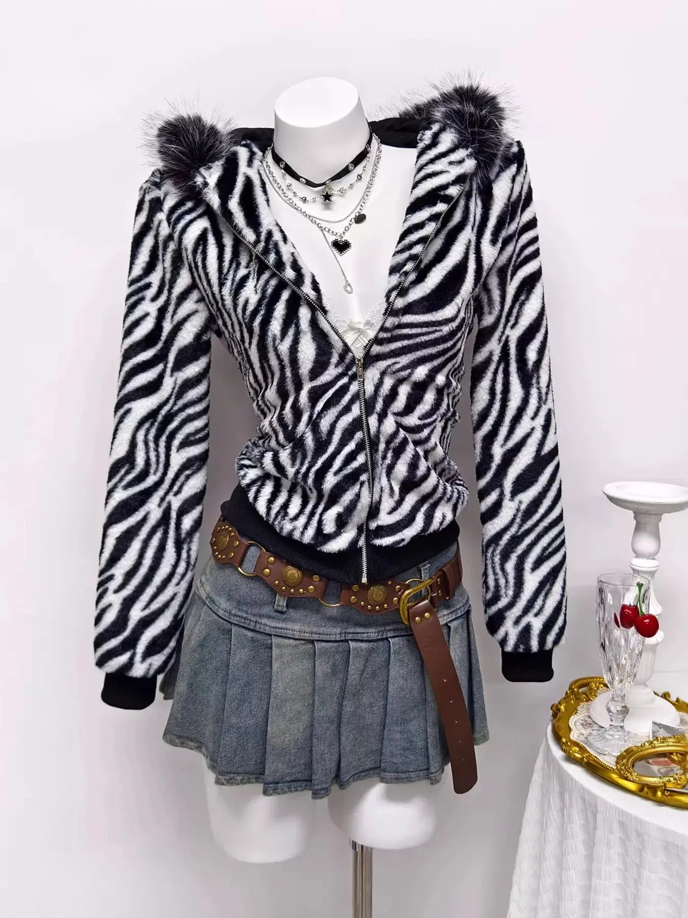 Zebra Faux Fur Hooded Zip-Up Outerwear Simply Love