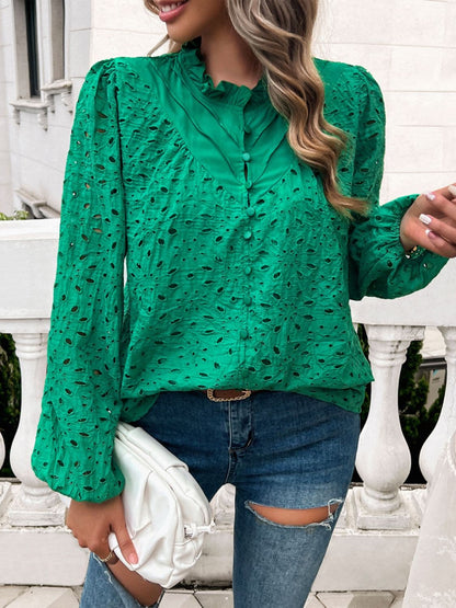 Frill Round Neck Long Sleeve Shirt.