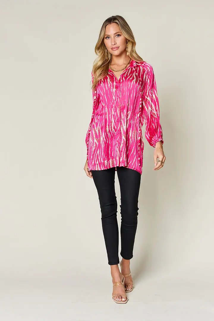 Double Take Full Size Printed Button Up Long Sleeve Shirt - Love Salve