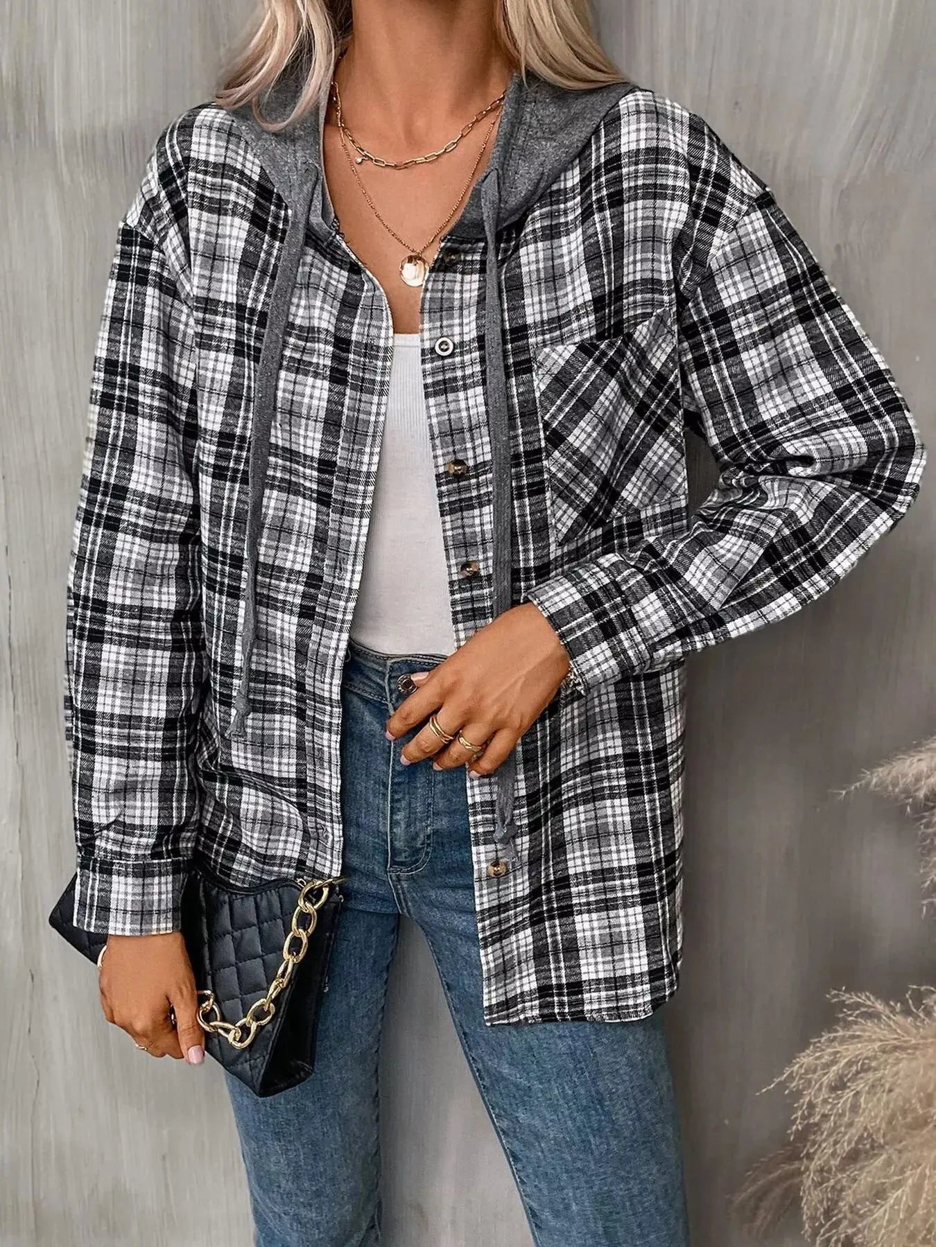Hooded Plaid Button-Up Shirt Simply Love
