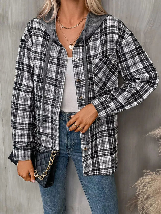 Hooded Plaid Button-Up Shirt Simply Love