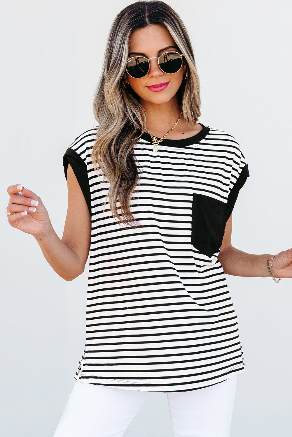 Chic Black Striped Tank Top with Chest Pocket