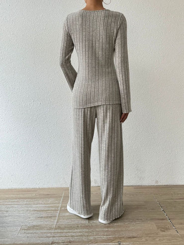 Chic ribbed V-neck long sleeve top and pocketed lounge pants set